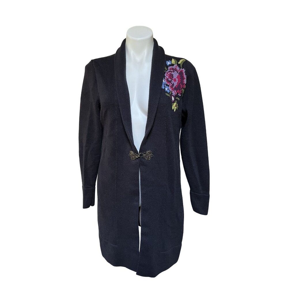 Soft Surroundings Cardigan Sweater Floral Needlepoint Toggle Front Navy Blue Med